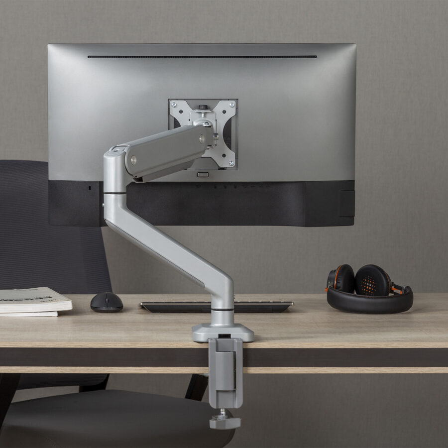 Ergo Office Alumínium Monitor Tartó Kettős Karral, Gázrugós, VESA 75x75/100x100, 17"-32", 10 kg, Ezüst, ER-447