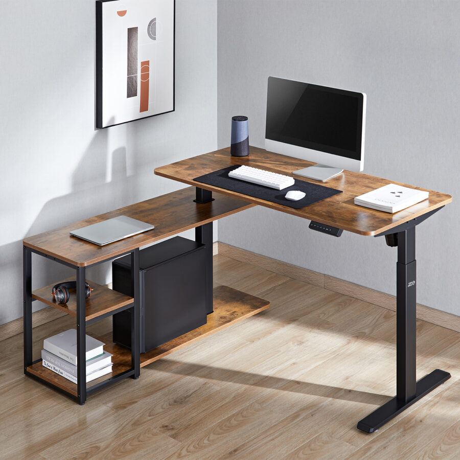 Ergo Office Elektromosan Állítható Magasságú Íróasztal, asztallappal és polcokkal, rusztikus barna - Image 4